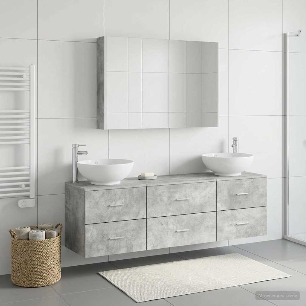Bathroom Furniture Set 4 Pcs Concrete Grey Engineered Wood and Glass