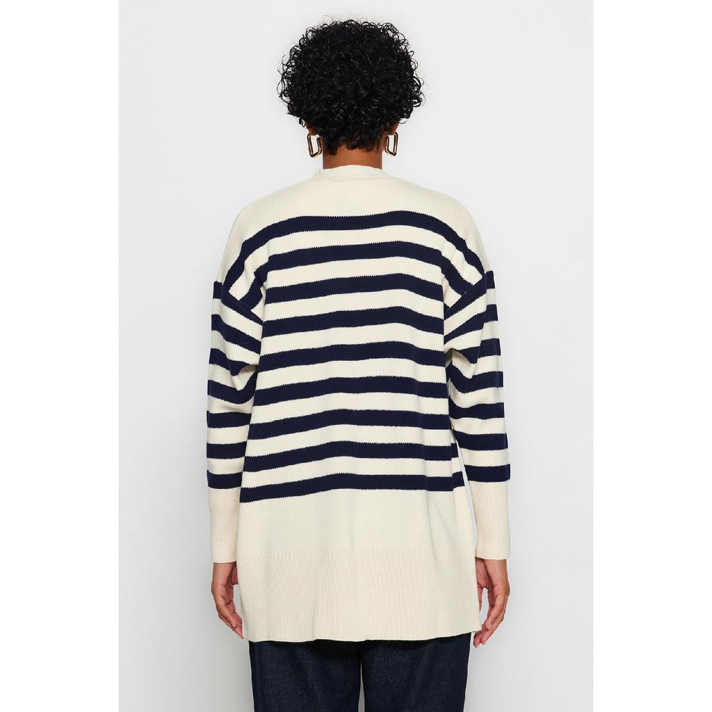 Stein Marineblau V-Ausschnitt Gestreifter Strickwaren-Cardigan Tctaw24th00034