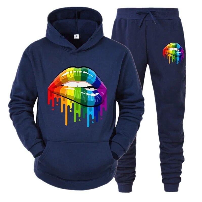 

Осень-зима женская толстовка + спортивные штаны, спортивные костюмы из 2 предметов, спортивные костюмы с капюшоном для бега, модные цветные спортивные костюмы с принтом губ S