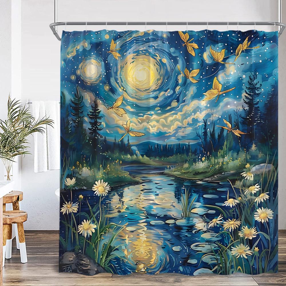 Rideau de douche Art Forêt Fantastique Lumière Polaire Papillon Psychédélique Sorcière Magique Nuit Lune Décor de Salle de Bain Rideau de Bain en Polyester