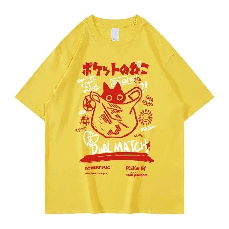 Unisex Women Cotton T-Shirt Japanese Kanji Funny Cat Printed T Shirt Harajuku Casual Short Sleeve Tshirt Streetwear Trend Tee Tops