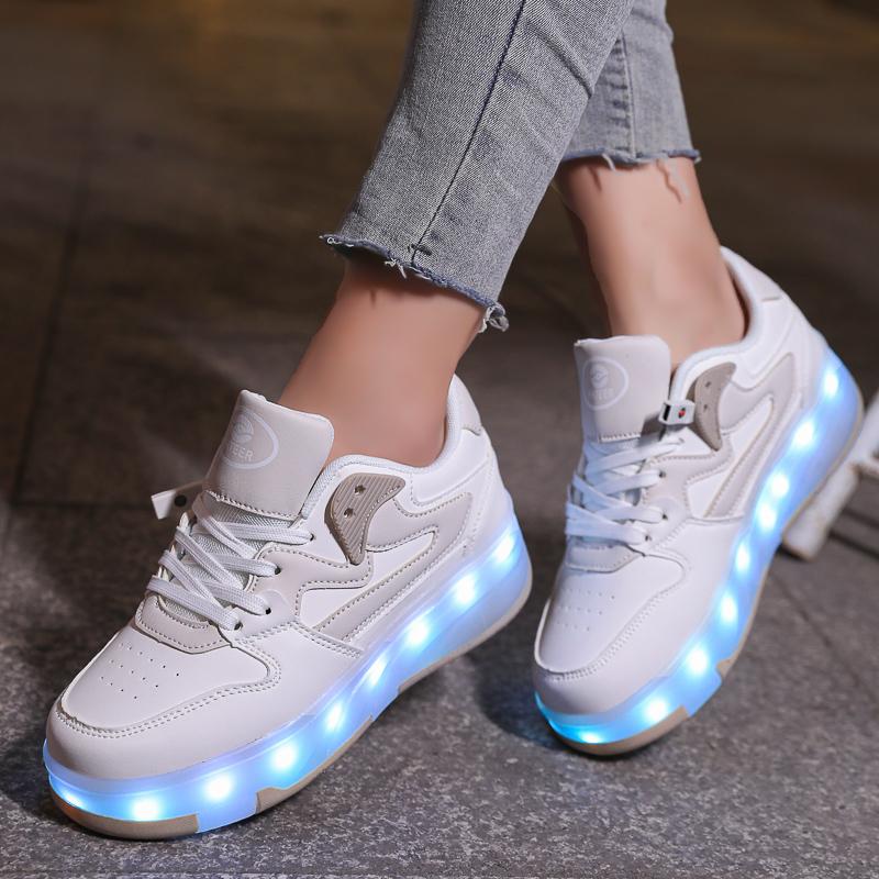 29-40 Kid's Lights Sports Shoes Rubbing Shoes Solid Magic Patch Can Charging Double-row Four-wheel Luminous Children Shoes