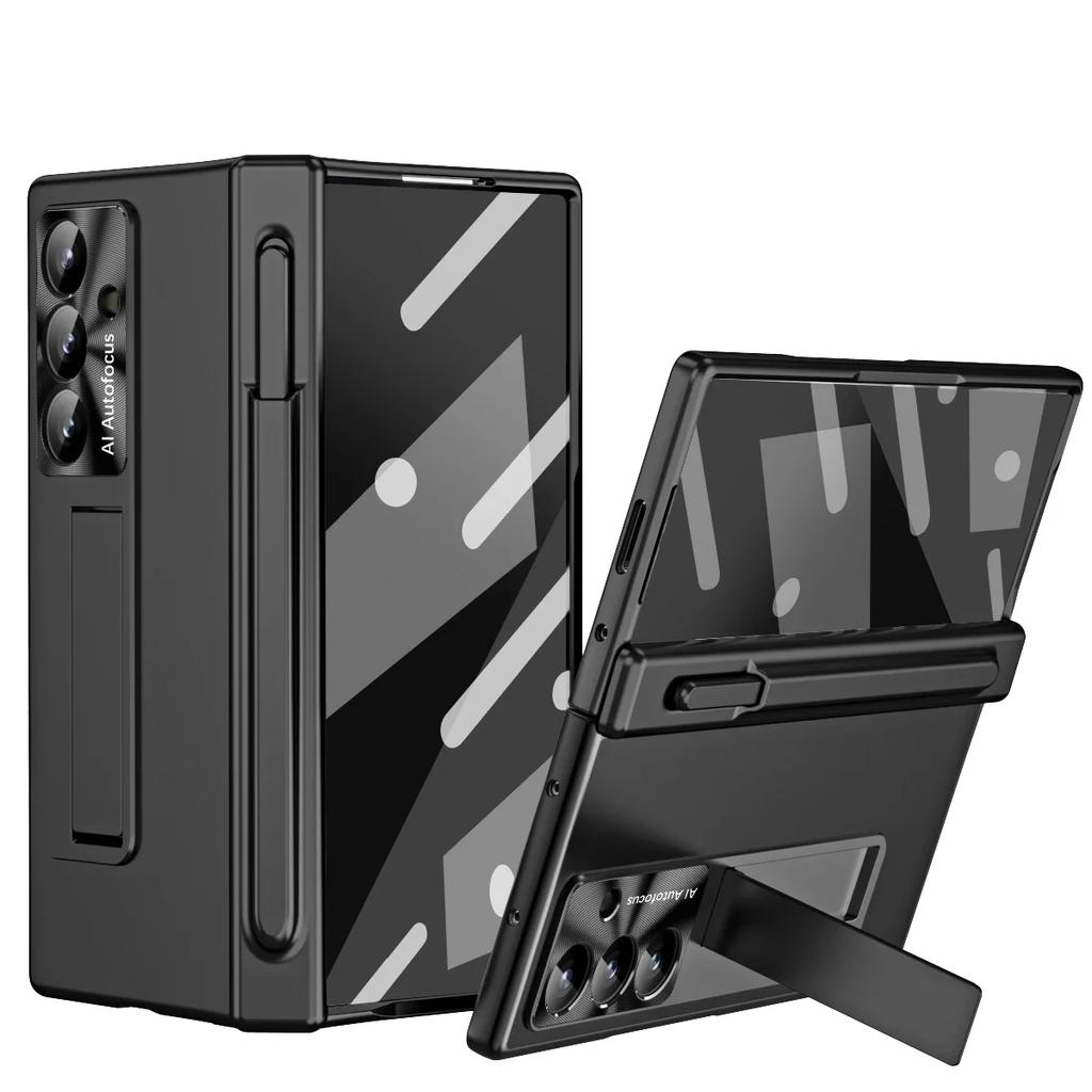 Luxury Phone Case with Pen for Samsung Galaxy Z Fold 4 5 6 7 Electroplated Glass Film Hinge Protection Cover