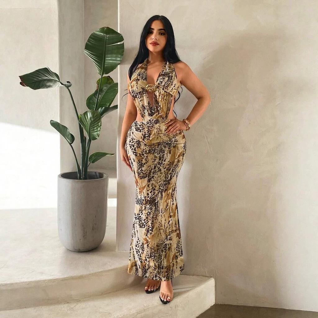 European and American style sexy hollow women's fashion V-neck irregular printing long dress