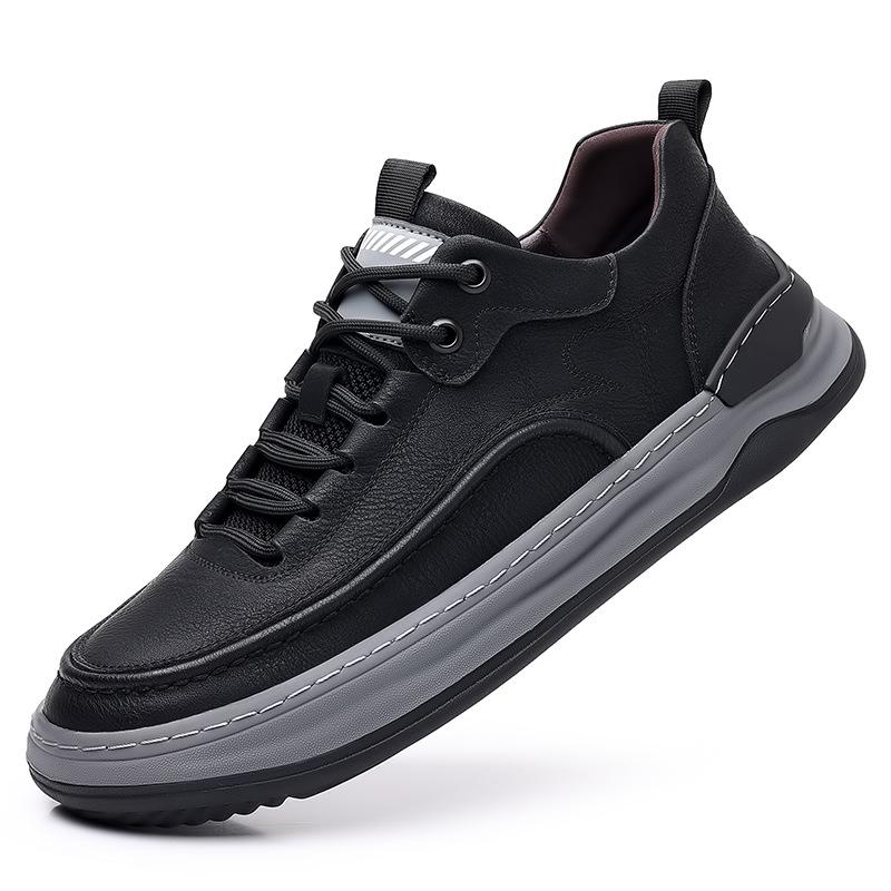 Men's High-Grade Genuine Leather Breathable Board Shoes - Spring/Summer Casual Outdoor Sneakers with Thick Soles, Hand-Stitched Design.