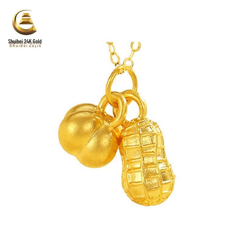 999 Gold Good Luck Pendant Necklace & 3D Persimmon Peanut Bracelet - Pure Gold DIY Accessories