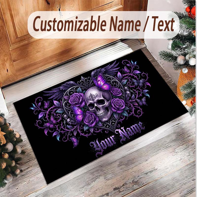 Skull Gothic Theme Soft Crystal Velvet Rug Custom Name & Text Print Non Slip Floor Rug for Bedroom Living Room