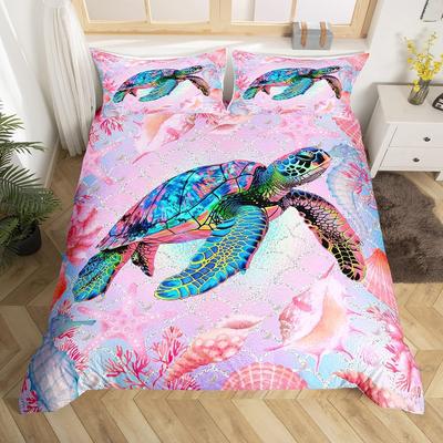 Sea Turtle Duvet Cover Ocean Theme Bedding Set King Queen For Kids Teen Microfiber Starfish Coastal Conch Shell Comforter Cover