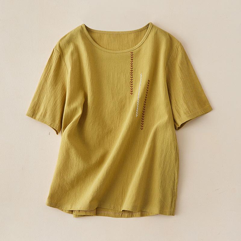 Women's Summer Loose-Fit Literary Vintage Short-Sleeve Top Embroidered Crew Neck Pullover T-Shirt