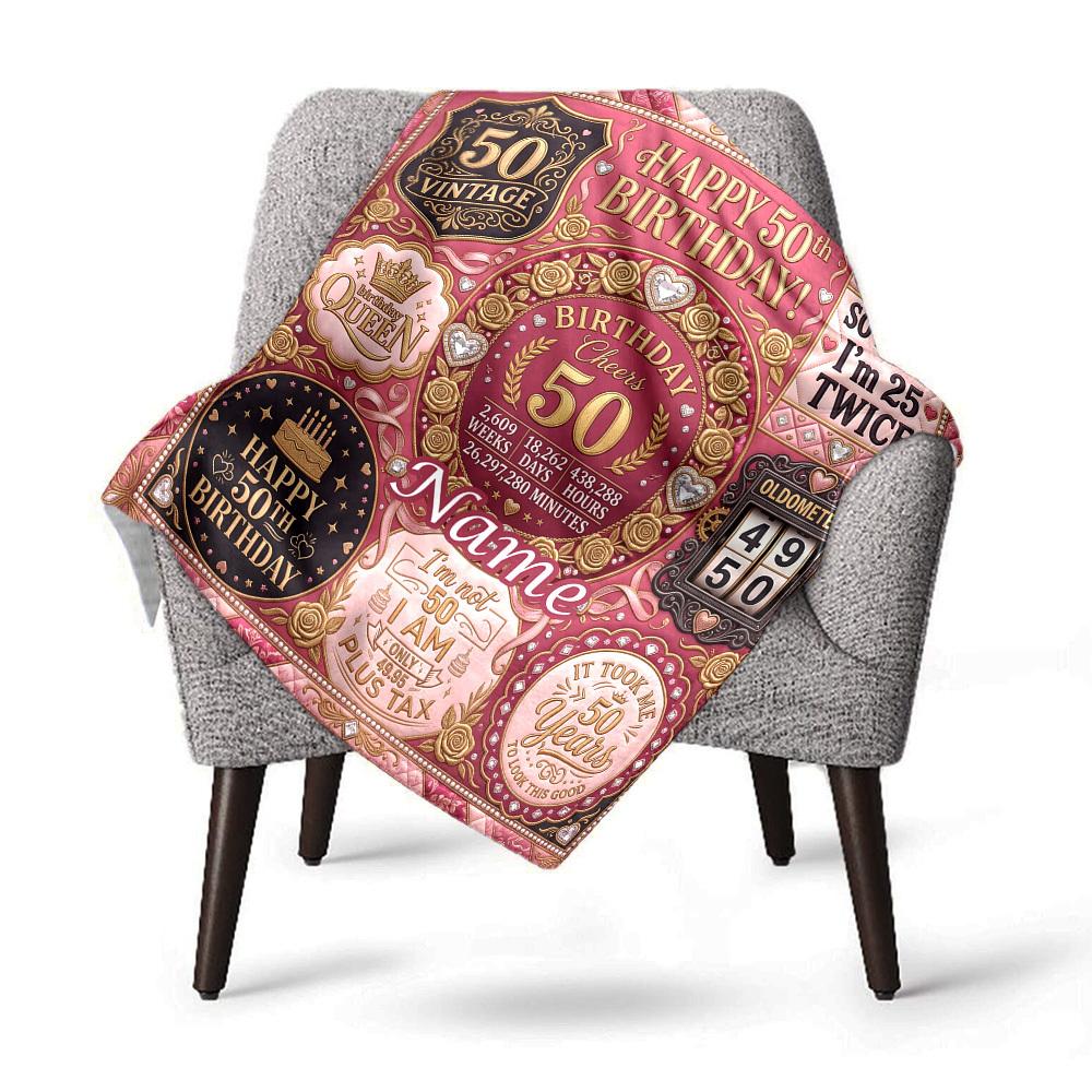Vintage 50Th Birthday Celebration Customize Your Name Home Blanket Happy 50Th Birthday Floral Design Comfortable Soft Lightweight Multipurpose Blanket