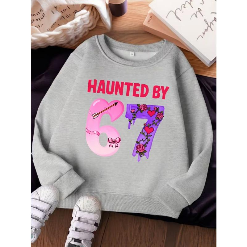 Unisex Kids Crewneck Sweatshirt Over 4Y Boys Girls Haunted By 67 Heart Arrow Rose Bow Drip Number Graphic Soft Pullover Top For 4-12 Children