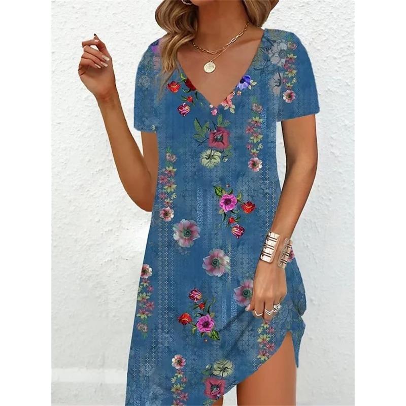 Mode Übergröße Kleid Lässig Locker V-Ausschnitt Damen Sommer Print Party Damen Neu Sommer Pullover Kurzarm Kleid