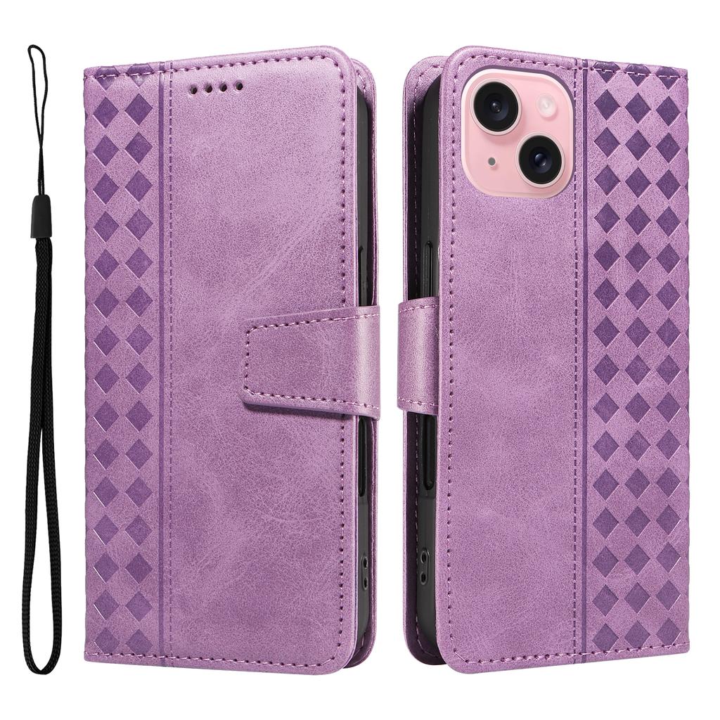 For iPhone 15 Leather Case Wallet Stand Grids Imprinted Phone Cover with Strap