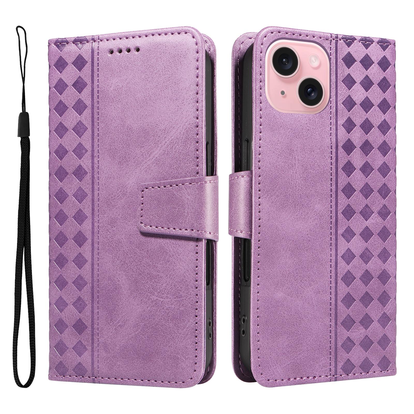 

For iPhone 15 Leather Case Wallet Stand Grids Imprinted Phone Cover with Strap Light Purple