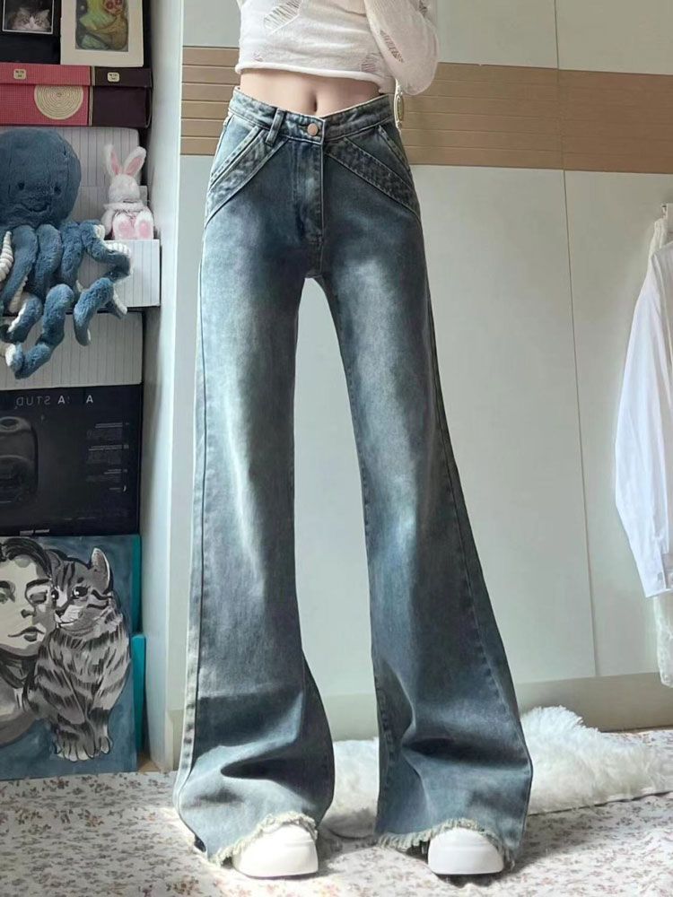 

Винтажные джинсы микро-клеш с необработанным краем женские летние облегающие скрывающие недостатки фигуры скинни брюки клеш ретро уличный стиль мешковатые длинные джинсы для леди M