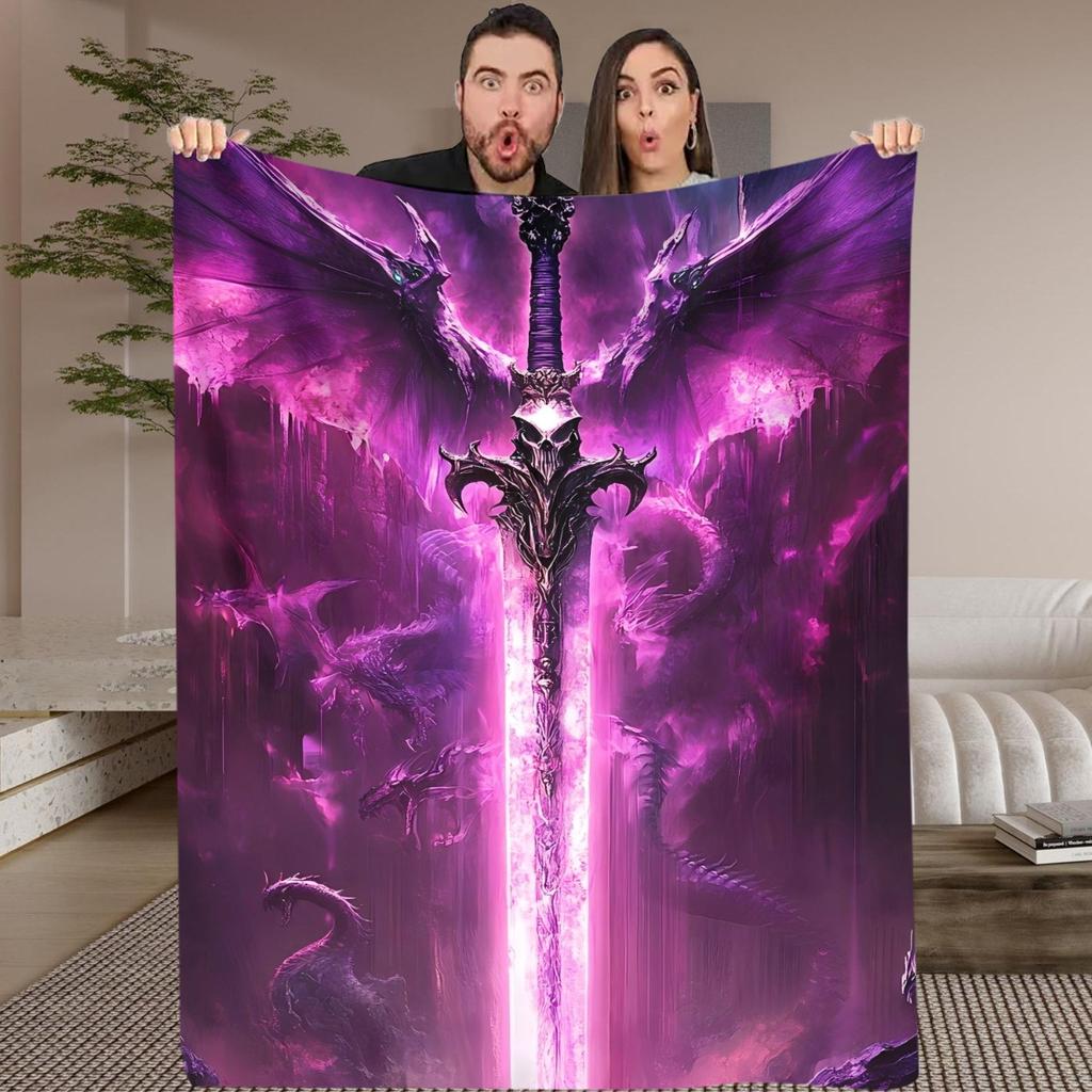 1pc Fantasy Purple Giant Sword Blanket - Epic Purple Sword & Dragons design, Soft Flannel Throw for Home, Camping, Office
