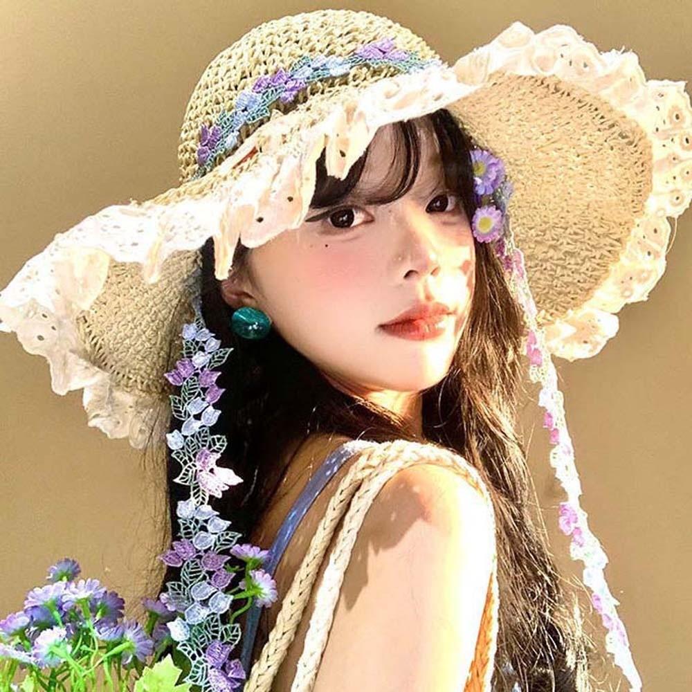 Solid Color Breathable Vacation Beach Cap with Garland with Lace Big Brimmed Straw Hat Sombrero Lightweight Woven Sun Cap Daily
