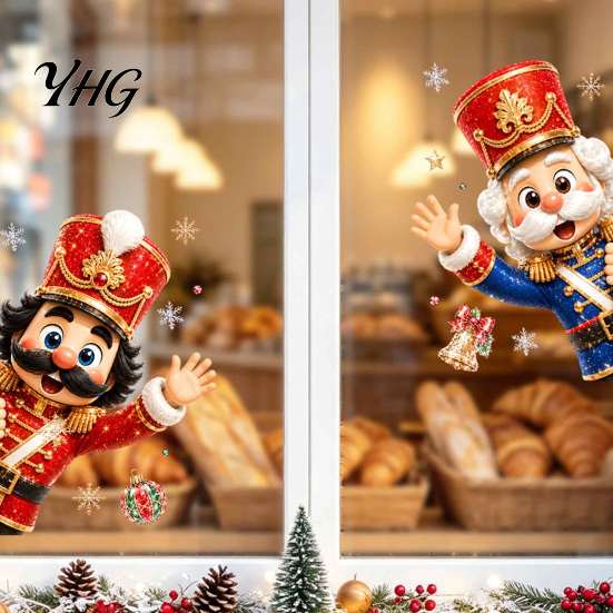 Transparent Decorative Stickers Christmas Static Window Clings, Removable Glass Decals, Snowman Santa Reindeer Nutcracker Film with Snowflakes,