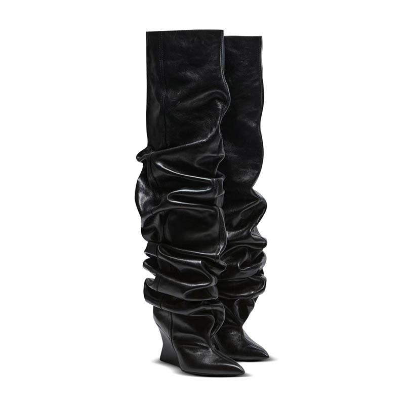 Women Pointed Toe Wedges Wrinkles Boots Leather Over The Knee Boots Classic Sexy Ladies High Heels Short Boots For Women