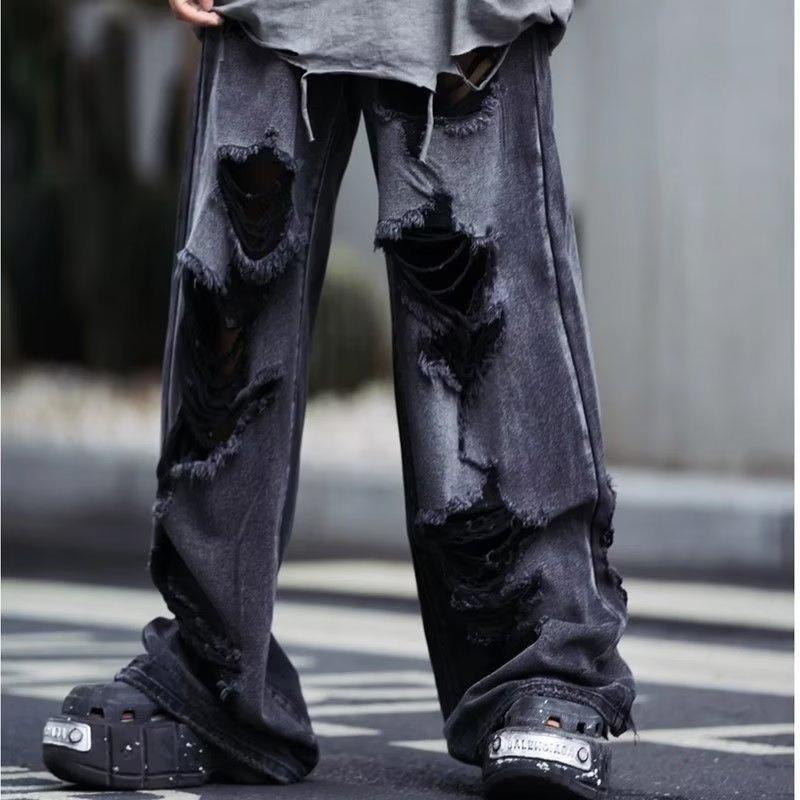 New vibe ripped wide-leg jeans for men 2026, washed and distressed straight-leg floor-length pants