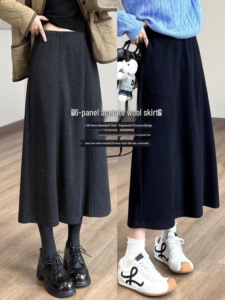 Wool-Blend 6-Panel Skirt with Elastic Waist and Hidden Inner Fold, Autumn/Winter Style