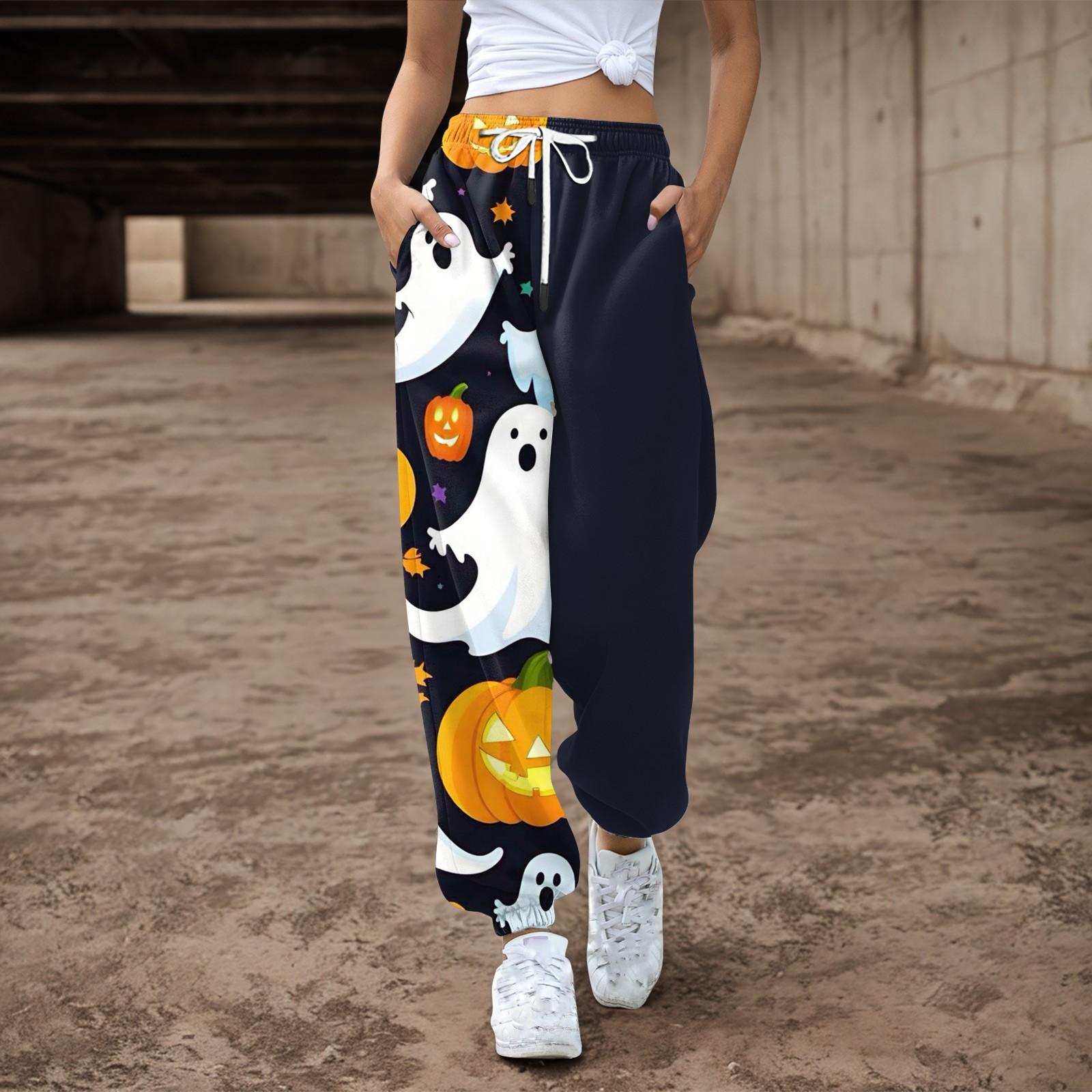 

Женские повседневные брюки с принтом на Хэллоуин, эластичные брюки с завязками на талии L белый