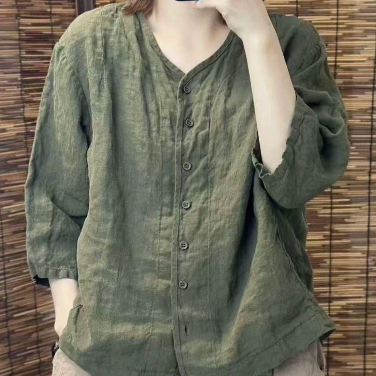 Women's Loose Cotton-Linen Cardigan Top with 3/4 Sleeves