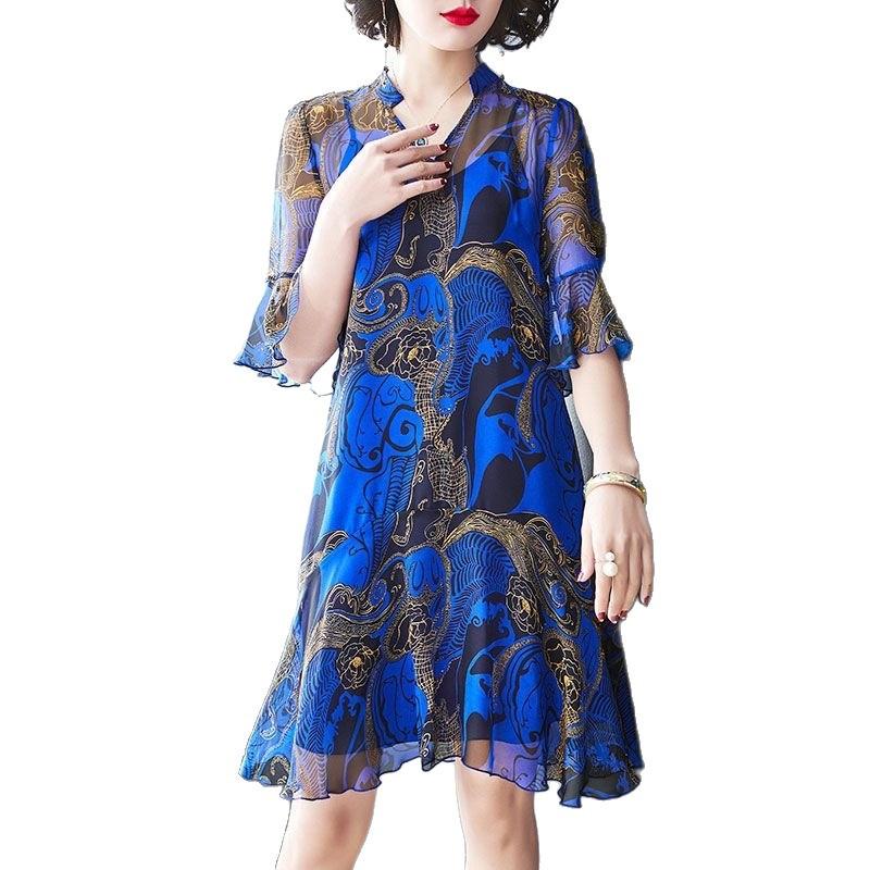 Single-layer Large-size Skirt for Women's Summer New Loose Belly Covering Middle-aged Mother Age-reducing Printed Thin Dress