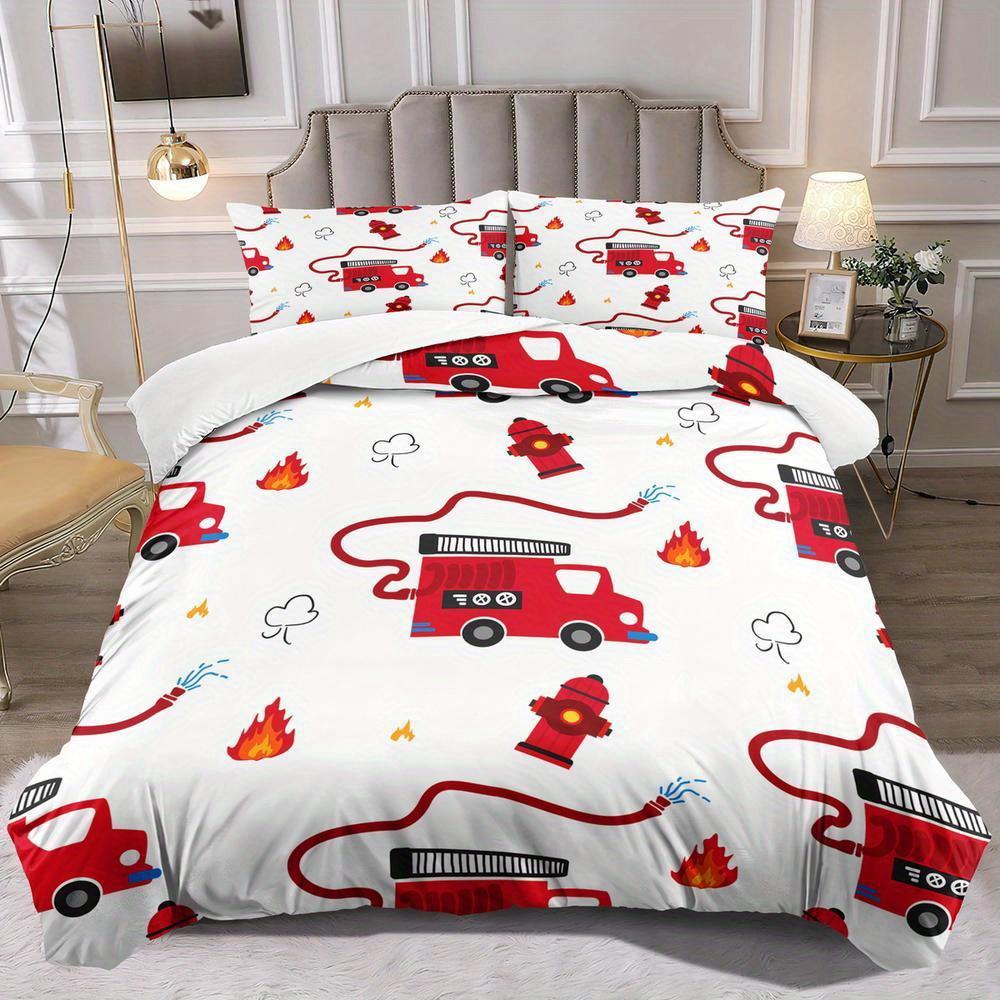

2/3pcs Fire Truck Pattern Down Duvet Cover Set - 1 Duvet Cover + 1 or 2 Pillowcases, Fashionable Classic Popular Car Theme Duvet Cover Set&EU Single(135x200cm)