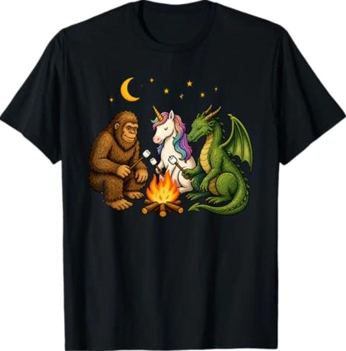 Cute Bigfoot Unicorn Dragon Campfire Camping T-Shirt 2XL