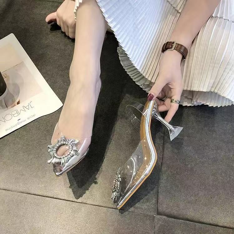 Spring and summer new pointed toe with sunflower high heels transparent crystal shoes thick heel wine glass and sandals women