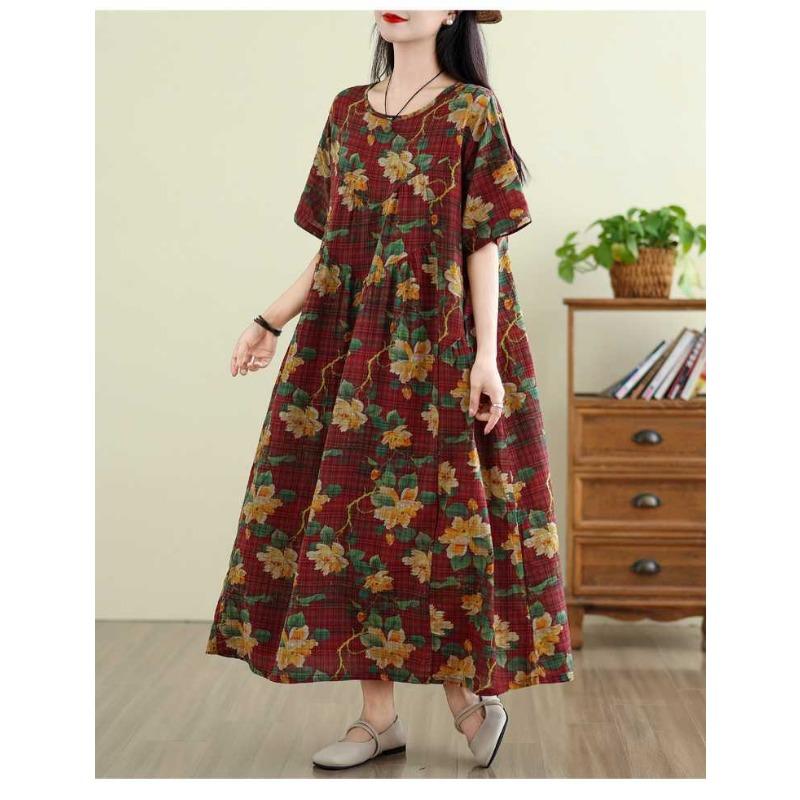Summer Retro Cotton and Linen Round Neck Short Sleeved Dress, Women's Loose Skirt