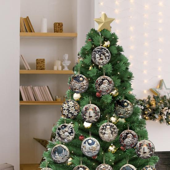 Christmas Wooden Ornaments Round Vintage Nativity Scene Santa Snowman Hanging Decoration for Xmas Tree Winter Party Home Decor