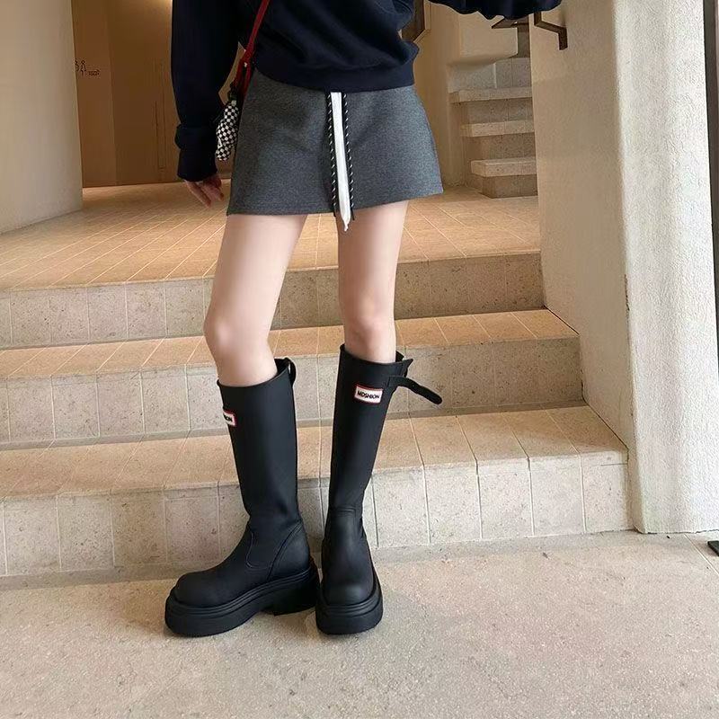 

Autumn new thick-soled non-slip tall tube red outdoor camping leather boots but knee travel boots knight boots 35 чёрный