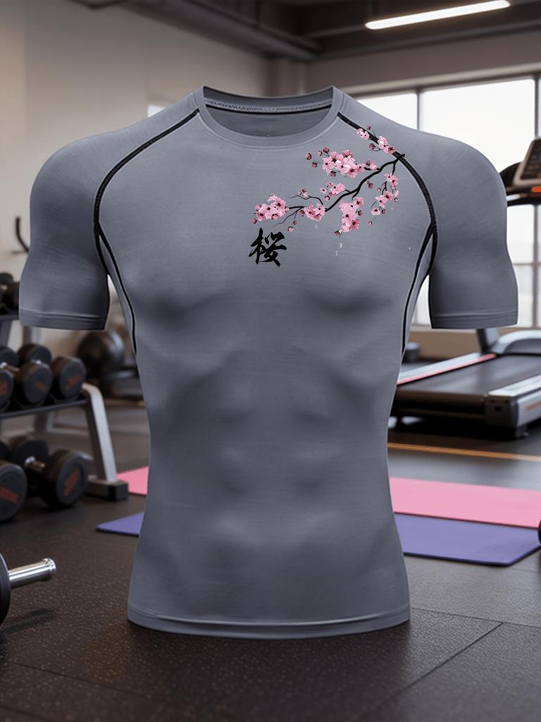 Maglietta a compressione da uomo blu navy con stampa di fiori di ciliegio, traspirante ad asciugatura rapida, stile giapponese, top da palestra per allenamento