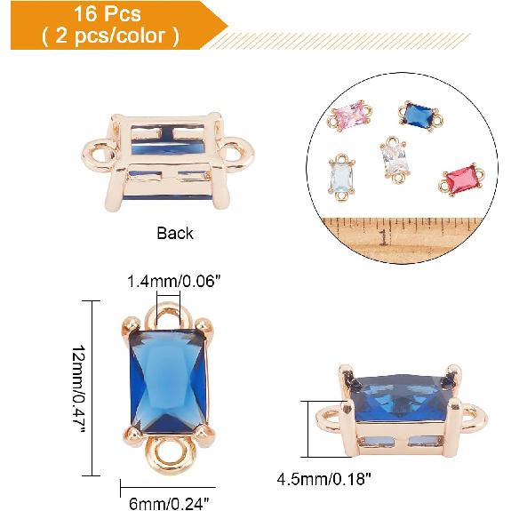 arricraft 16 Pcs 8 Colors Glass Links Connectors, Rectangle Crystal Glass Connectors Rhinestone Faceted Pendants with Brass Findings for Jewellery