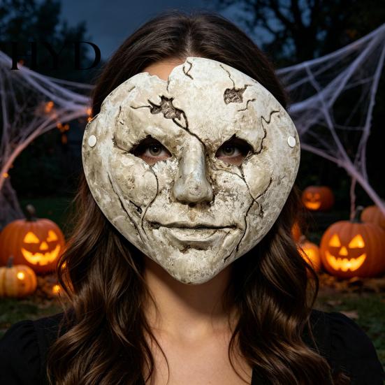 Masque de Costume d'Halloween Respirant Masque Visage Fissuré Horreur, Mousse Légère Trous pour les Yeux Réaliste Cassé avec Sangle Réglable Accessoires Effrayants, pour