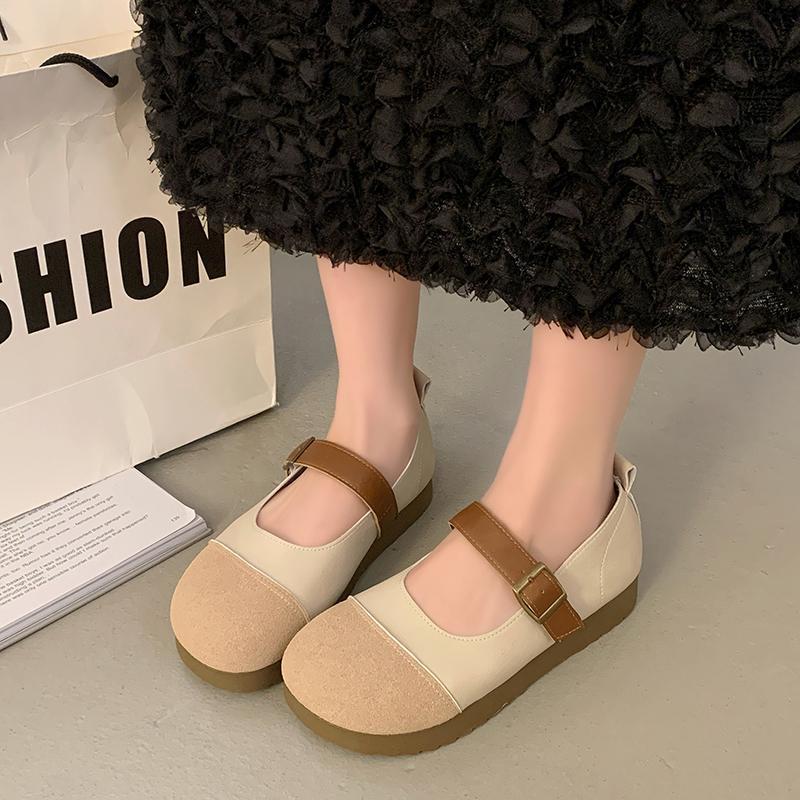 Fashion Women's Fashion Flat Shoes Spring New Round Head Suede Splicing Metal Buckle A Word with Soft Sole Single Shoes