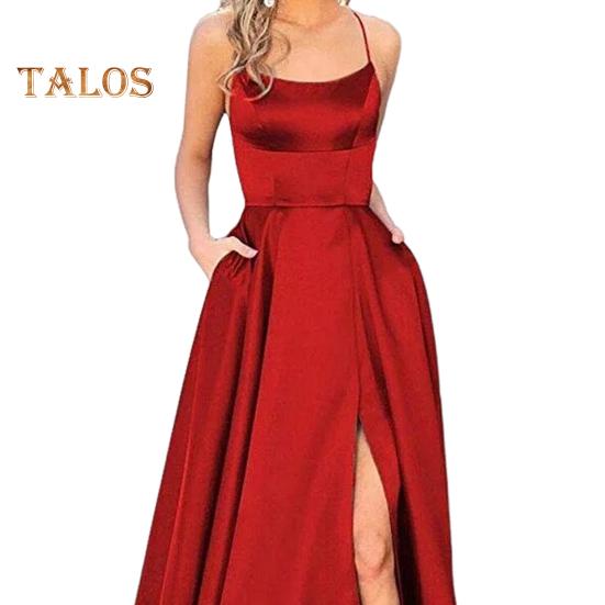 Abendkleid Spaghettiträger Hoher Schlitz Schulterfrei Rückenfrei Ärmellos Seitentaschen A-Linie Bodenlang Satin Reine Farbe Abschlussball Bankett Party Maxi