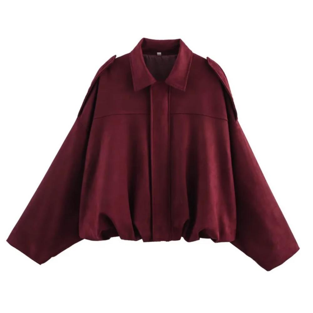 New Women's Suede Texture Effect Loose Version of Fashion Lapel Shoulder Bomber Jacket