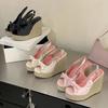 Sandale cu toc înalt Aneikeh de vară cu talpă groasă, țesute din iarbă, sandale romane retro casual, cu buline, fluture-kont, platformă pană, sandale pentru femei