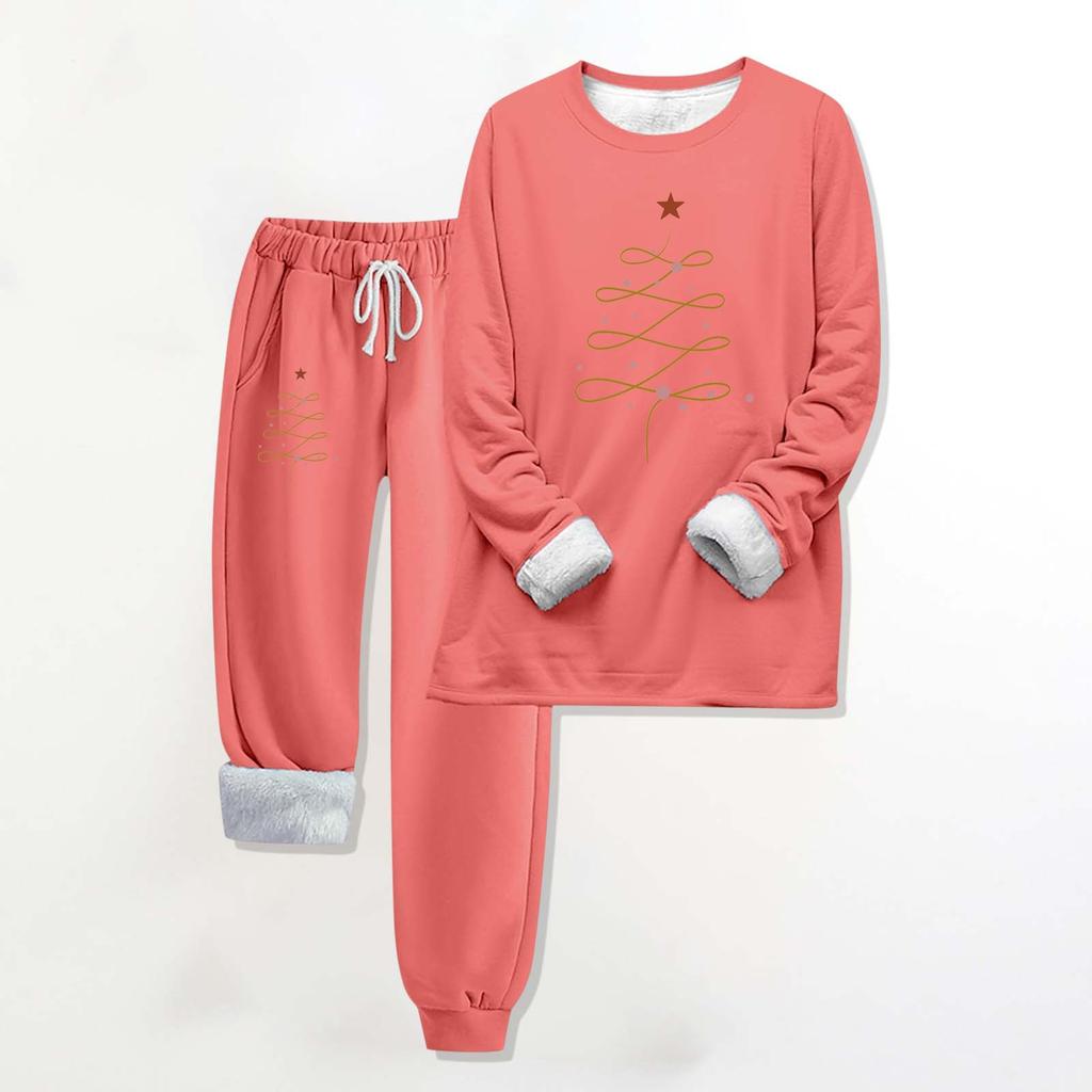 Two Piece Outfits For Women Warm Fleece Lined Jogger Set Crewneck Long Sleeve Christmas Printed Sweatshirts Drawstring Waist Sweatpants