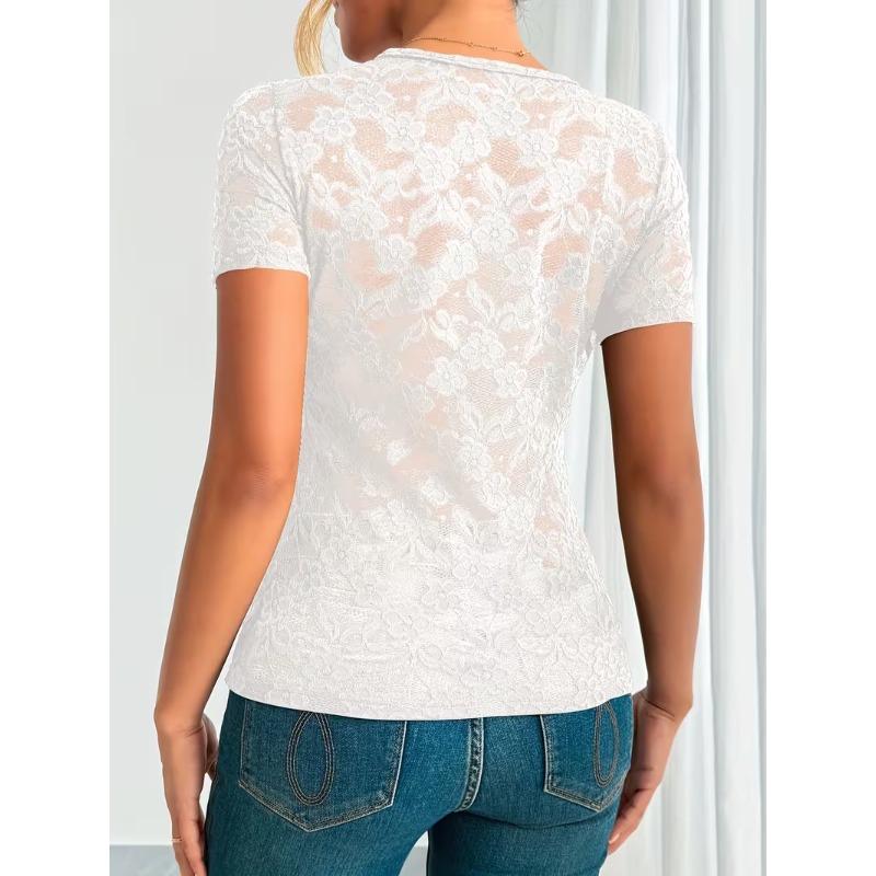 2026 spring and summer new directional elegant women's sexy lace V-neck short-sleeved T-shirt top women