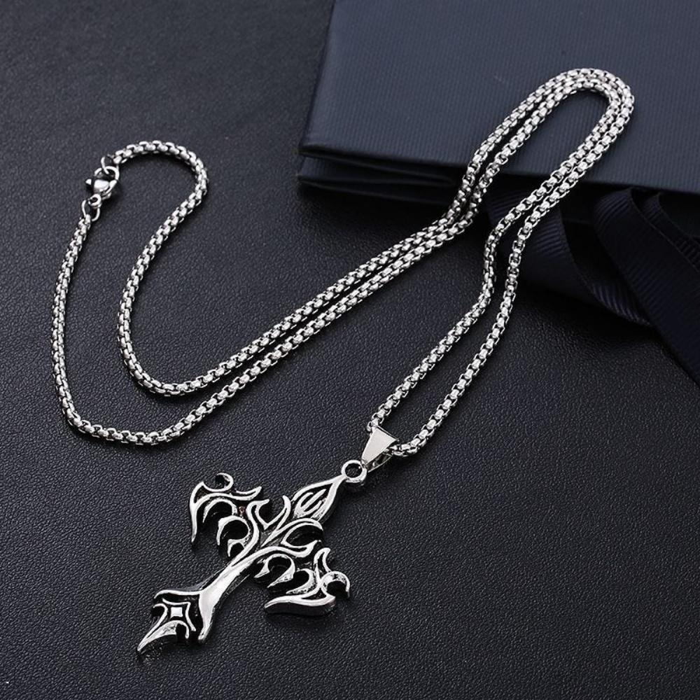 1 Piece Fashion Retro Flame Cross Pendant Necklace, Unisex Long Chain Punk Gothic Trendy Accessories