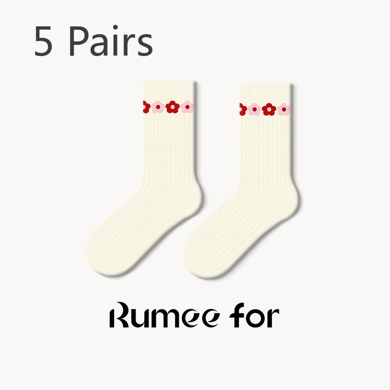 5 Pairs of Female Spring and Autumn Love Embroidery New Year Red Stockings