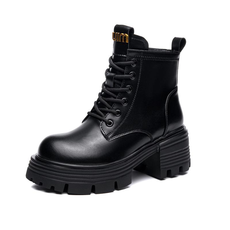 New Cowhide Martin Boots Women's High-heeled Thick-soled Velvet Short Boots British Style Single Boots Small Height-increasing Women's Boots