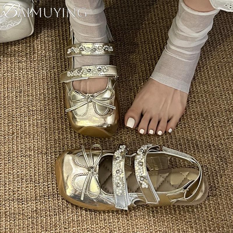 Bow Women Flats Square Toe Sandals Beaded Casual New Shoes 2025 Summer Trend Slingback Woman Slippers Sandalias De Mujer