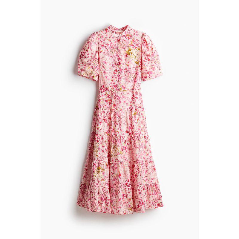 

HM Women s Clothing Dress Autumn New Arrival Waist-Tight Chinese Stand Collar Lantern Horn Plant Print Long Skirt 1275645 Pink/Florals 160/88(S)