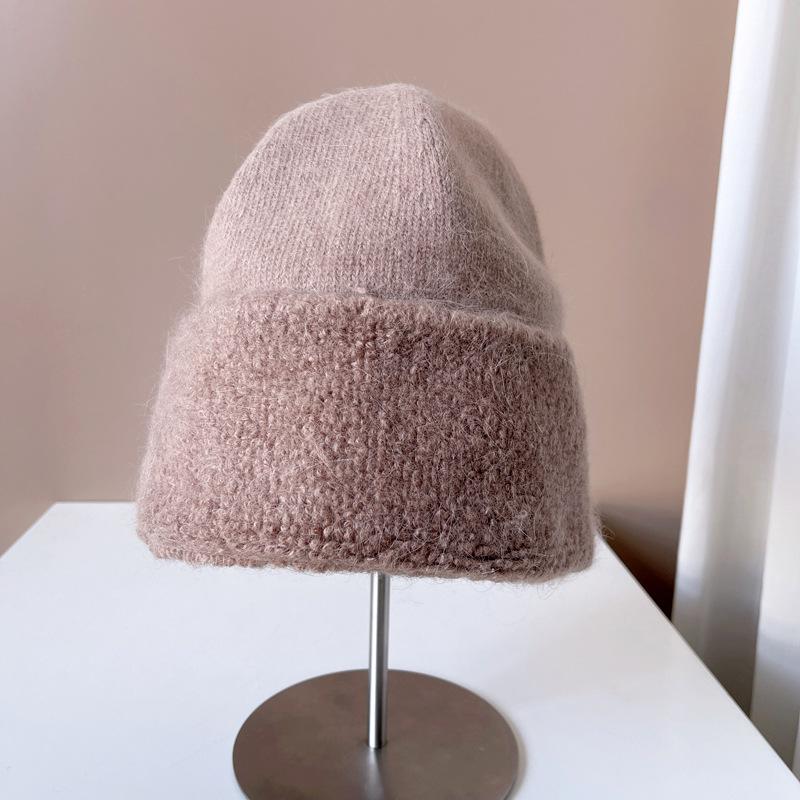 Circle yarn rabbit hair knitted wool hat female autumn and winter show a small face, keep warm and cold, ear protection, pullover hat, fluffy hat