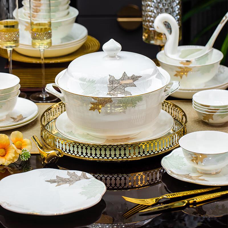 Jingdezhen Ceramic Golden Leaf Dinnerware Set 60-Piece Luxury Set with Fuguibao